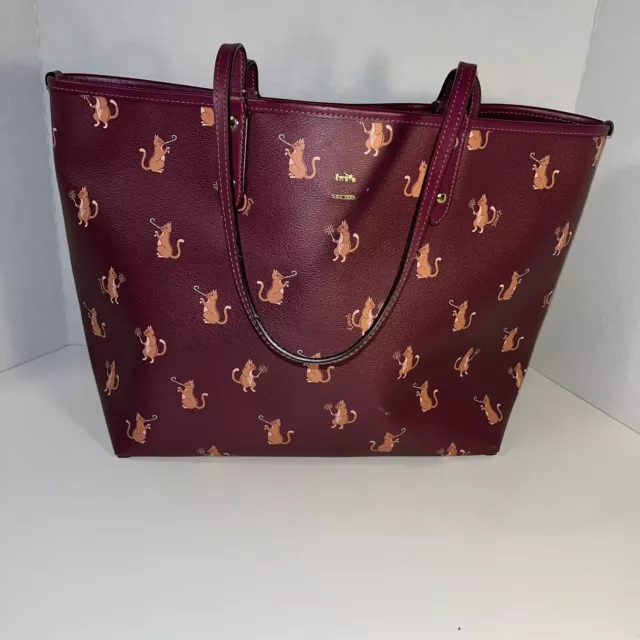 Coach City Tote In Signature Party Cat Print Reversible Dark Berry F80232