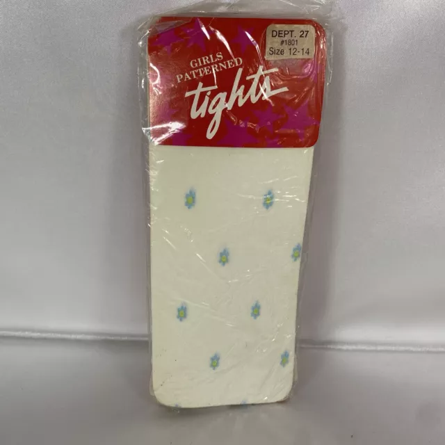 VINTAGE GIRLS TIGHTS White With Blue Flower Girls SZ 12 14 Factory