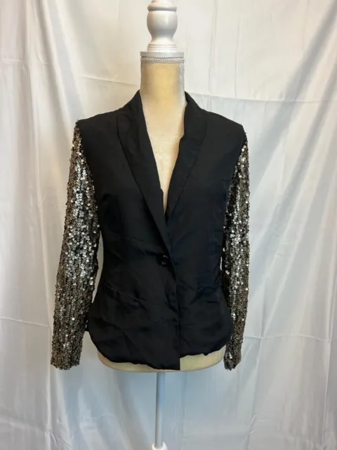 Mimi Chica Black Formal Jacket Light Blazer W/ Gold Sequin Sleeves Sz M Gr8 Cond