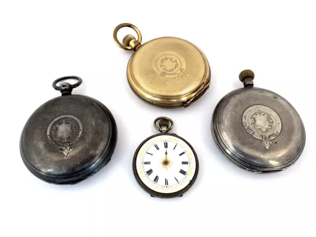 Antique Sterling Silver Full Hunter Pocket Watch Lot, Rotherhams, Waltham, Fusee