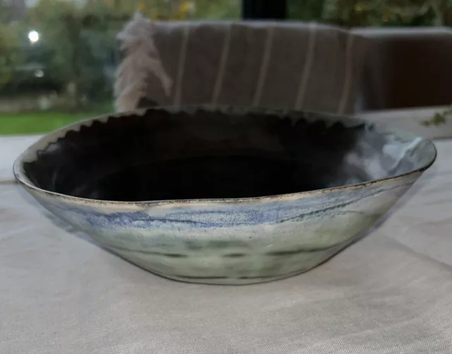 Studio Art Pottery Bowl Blue Grey Signed JM
