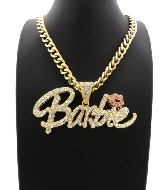 Women Gold Plated Bling Barbie Iced Cubic Zirconia Charm & Cuban Chain Necklace