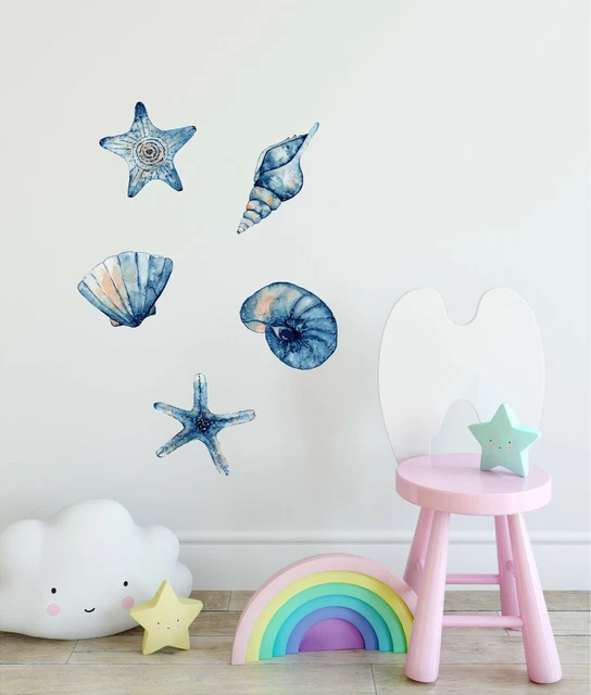 Navy Blue Seashells & Starfish Wall Decal Set Removable Fabric Vinyl Stickers