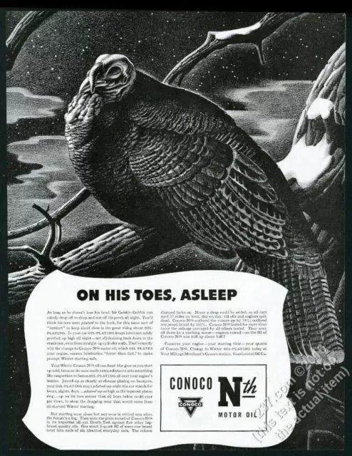 1941 wild turkey asleep on snowy branch art Conoco Motor Oil vintage print ad
