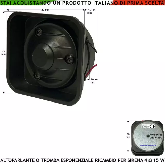 Tromba Magnetodinamica Esponenziale 4 Ohm 10/15 W Ricambio Per Sirene Di Allarme