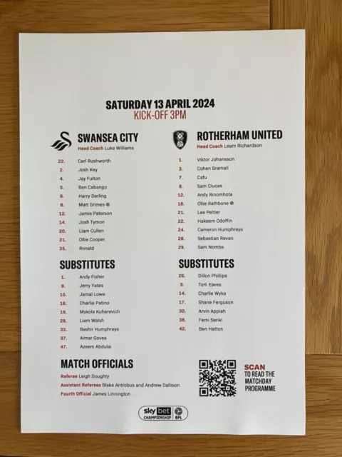 Swansea City 2023-2024 Season Home Club Format A4 Colour Team Sheets
