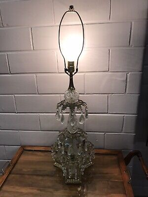 Antique Vtg Brass Crystal & Prism Tall Table Lamp 3 End Base Ornate Beaut 33 3/4