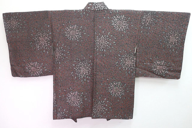 8364C5 Silk Vintage Japanese Kimono Haori Jacket Kikuzukushi Urushi