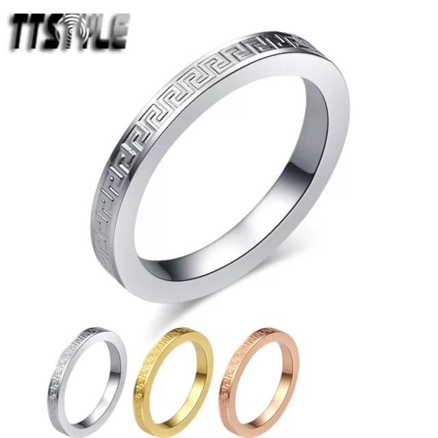 TTstyle 2.5mm Stainless Steel Engraved Greek Pattern Band Ring Choose Colour