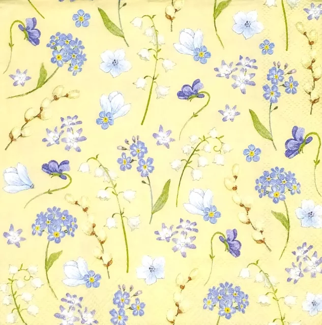 S989# 3 x servilletas de papel pequeñas individuales decoupage mini patrón de flores azules sobre amarillo