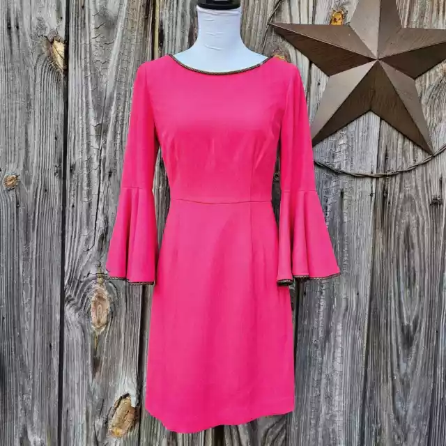 Trina Turk Dress 2 Bromely Bright Pink Flare 3/4 Sleeve Gold Trim Bell Sleeves