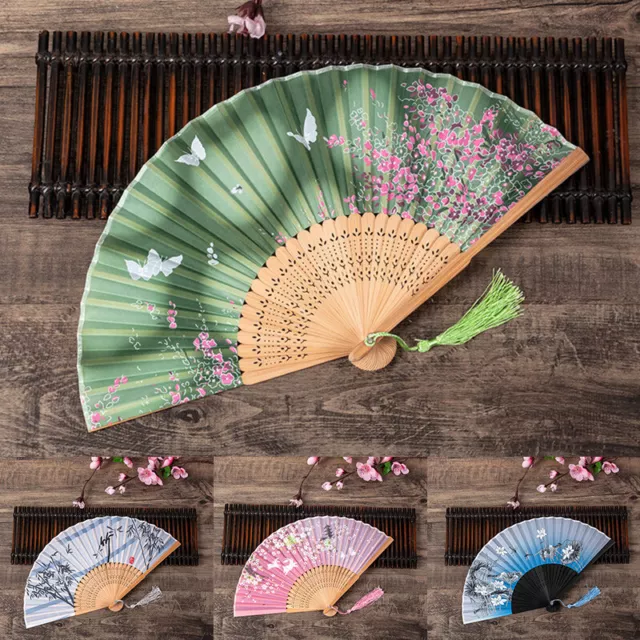 Retro Chinese Style Silk Folding Dance Fans Party Portable Hand Held Fan Decor 3