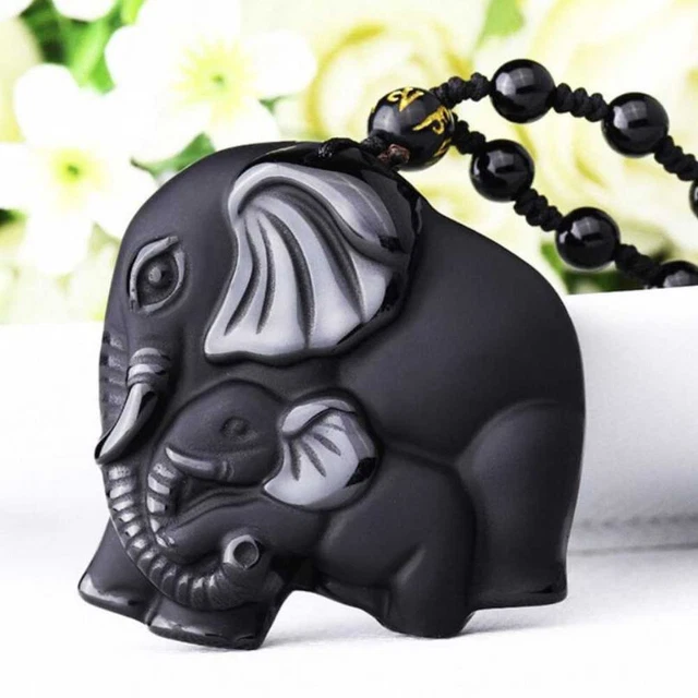 Natural Obsidian Carved Mother Elephant Lucky Amulet Pendant Amulet Jewellery