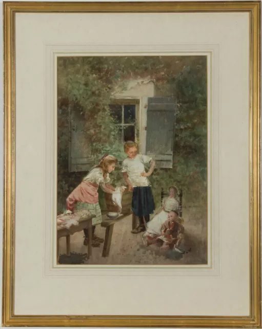 Fine Continental School 19th Century Watercolour - Children with Their Dolls