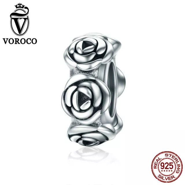 VOROCO 925 Silver Rose Charm Stopper Fill With Silicon Fit For Charm Bracelet