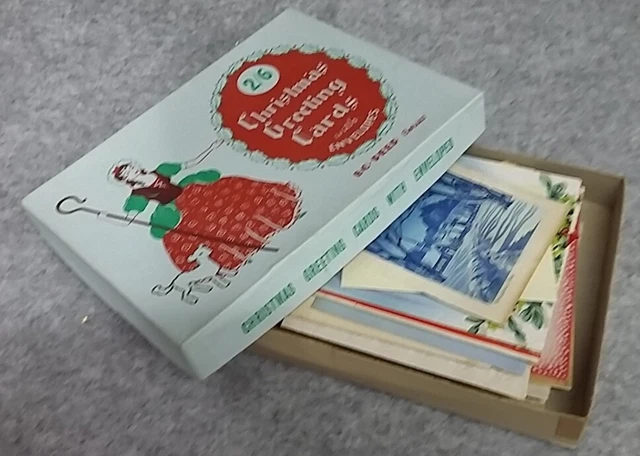 Decorative Cardboard Box of 25 Used Christmas Greeting Cards USA Vintage