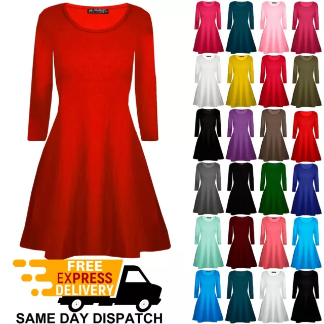 Womens Plain Jersey Flared Long Sleeve Ladies Party Mini Swing Skater Dress 8-24