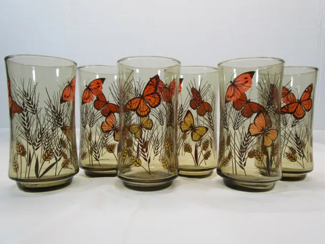 Libbey Drinking Glasses Monarch Butterfly Wheat Pattern Amber Brown Vintage