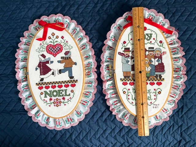 2 VTG Counted Cross Stitch Oval Paragon Christmas Collection NOEL JOY Completed