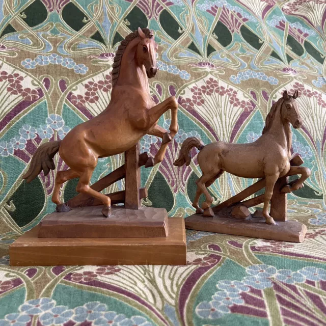2 x Hand Carved Wooden Horses Lapacho Anri Extremely Fine Quality Figures 8”