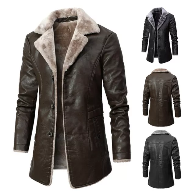 Men Faux Fur Shearling Pea Coat Trench Leather Jacket Winter Warm Long Coat Soft