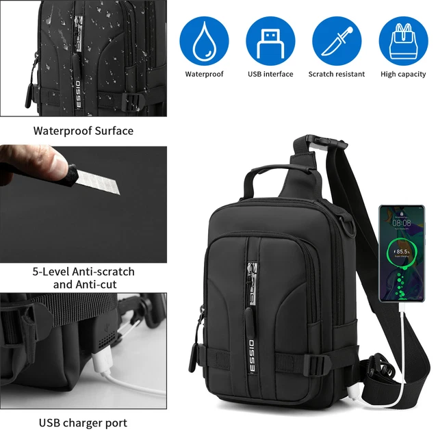 Men's Sling Backpack Waterproof Anti-theft Shoulder Crossbody Chest Bag USB Port 2