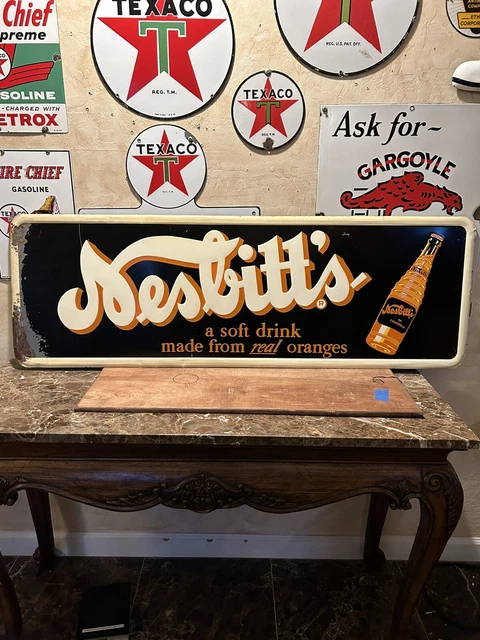 Embossed Rare Original & Authentic ''Nesbitts'' Painted Metal Sign 54X18 Inch