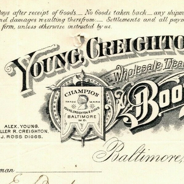 1896 Letterhead Young, Creighton & Diggs Boots Shoes Baltimore - Ephraim Baker*