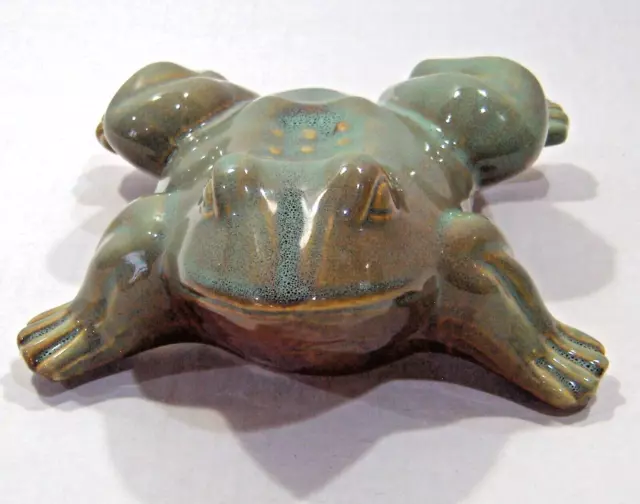 Vtg Lrg Art Pottery Green Glaze Garden Floating Frog Toad 6x6x3" NOS Granny's 2