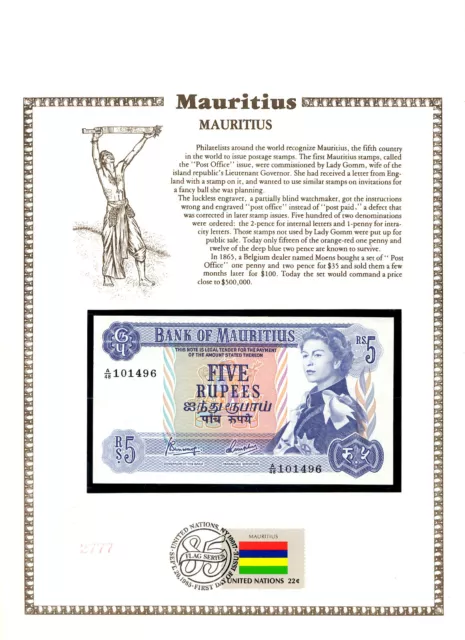 Mauritius Banknote 5 Rupees 1967 P-30c UNC w/FDI UN FLAG A/48 101496