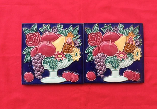 2 Piece Old Art Deco Fruits Design Embossed Majolica Ceramic Tiles Japan 0149