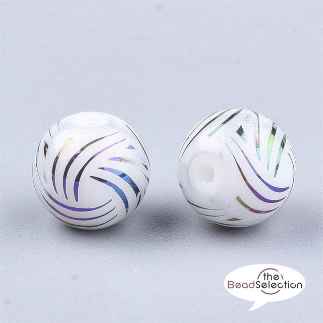 20 RAINBOW 'AB SWIRL STRIPED GLASS ROUND BEADS WHITE 8mm JEWELLERY MAKING GLS110
