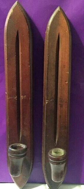Vintage Homco Wooden Wall Candle Sconces Mid Century Boho 14.5" Pair Japan