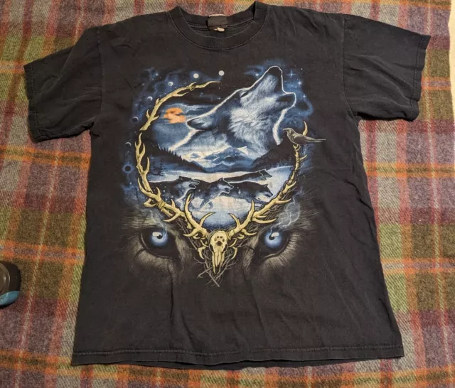 Vintage Liquid Blue Howling Wolf Native American Double Sided T-Shirt L Animals