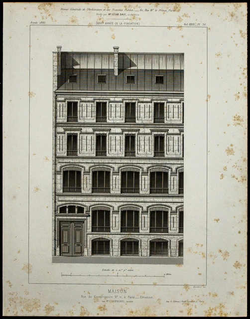 1865 - Façade du 11 rue du conservatoire à Paris - Architecture - Gravure