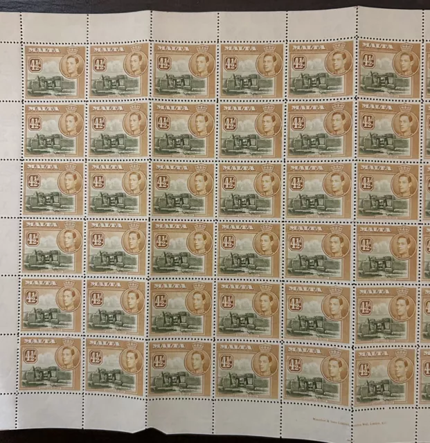 MALTA 1938 King George VI A Full Page of 60 Stamps. Rare 3