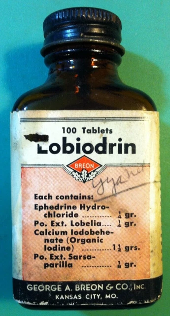 🔥LOBIODRIN🔥 EMPTY Medicine Pharmacy Glass Bottle Ephedrine George A Breon & CO