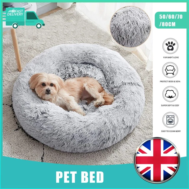 Grey Round Dog Pet Cat Calming Beds Large Mat Comfy Puppy Fluffy Cushion Plush