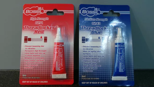 1x BOSSIL BS-8243 BLUE MEDIUM STRENGTH & 1x BOSSIL RED HIGH STRENGTH THREAD LOCK