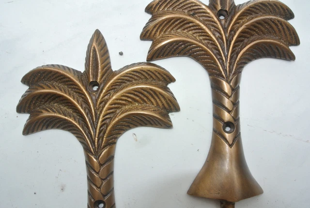 2 large Palm tree COAT HOOKS solid age brass tropicle vintage old style 20 cm B 3