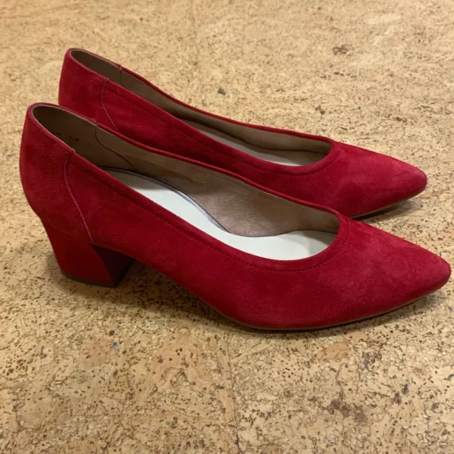 PAUL GREEN Women's Sz 5.5 UK / 8 US Red Tammy Suede Pointy Toe Block Heel Pumps