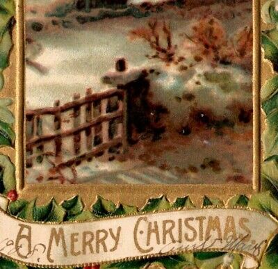 A Merry Christmas Embossed Postcard Holly Winter Scene Divided Back