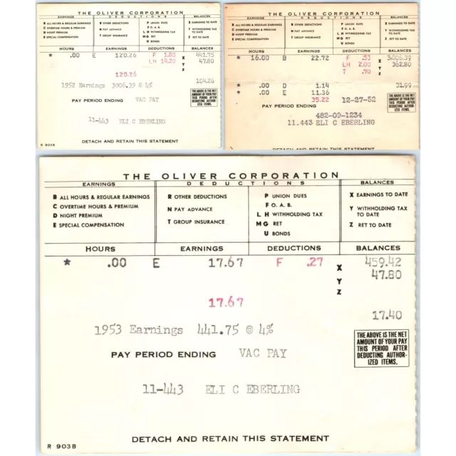 x3 LOT 1952 Charles City, Iowa Oliver Corporation Pay Stub Papers Tractor IA C44