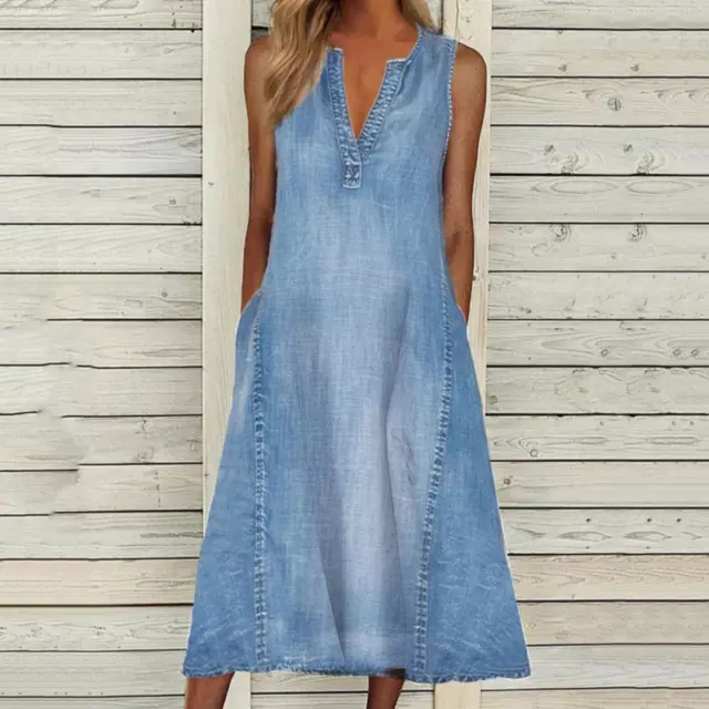 Lady Jean Dress Solid Color V Neck Sleeveless Blue Denim Summer Casual Loose New