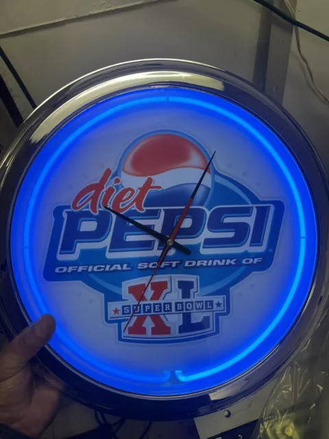 Diet Pepsi Cola 16” Blue Neon Retro Clock Sign Garage-Man Cave Super Bowel