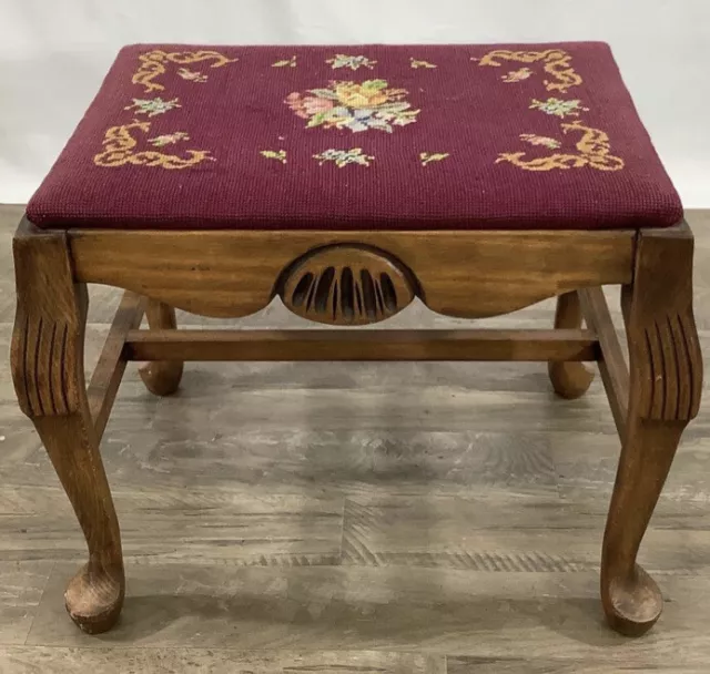 Antique Carved Needlepoint Bench Cabriole Legs
