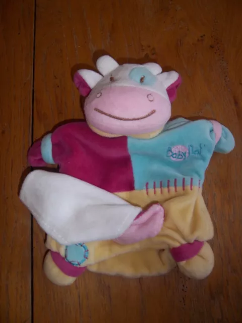Doudou Babynat Marionnette Vache Rose Et Bleu Mouchoir Blanc