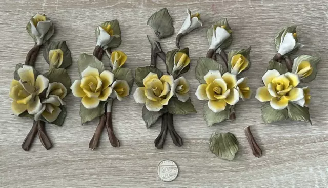 Vintage Capodimonte, Italy, Yellow Porcelain Roses, Set of 5