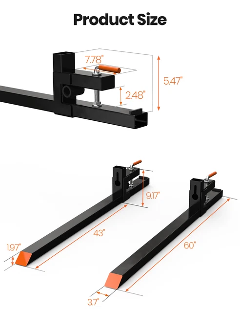 60" Pallet Forks for Tractor Bucket 4000lb Clamp-On w/o Stabilizer Bar Attachmen