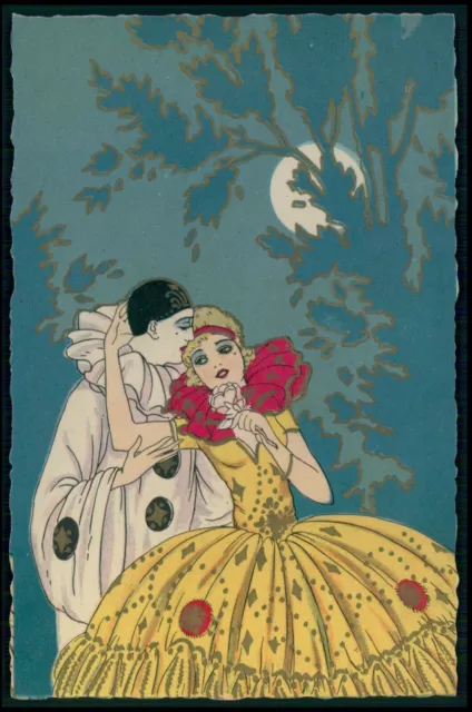 unsigned Meschini pierrot moon love romance art Deco original old 1920s postcard